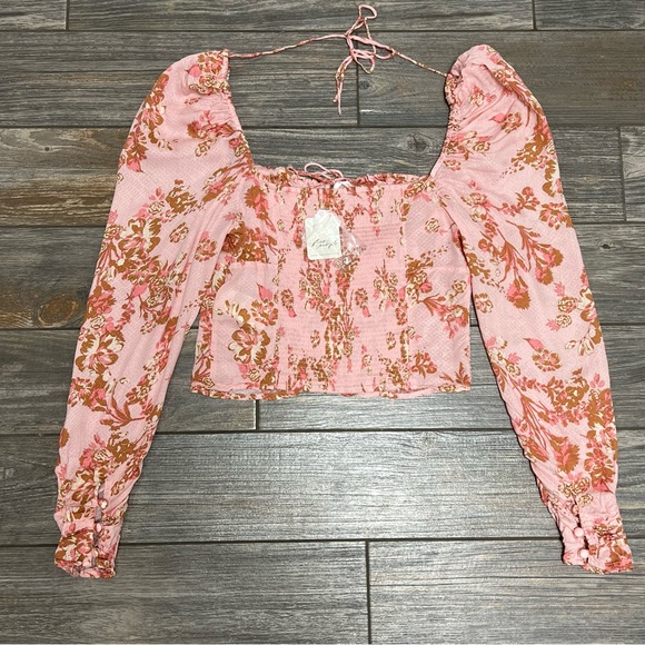 NWT $98 Free People Hilary Printed Top Size Small Pink Combo Smocked Back Blouse - Picture 8 of 16